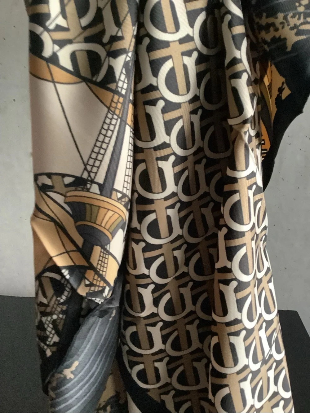 Oversized 35x35 Satin Scarf Sailing Ship Nautical Print Black Beige NWOT